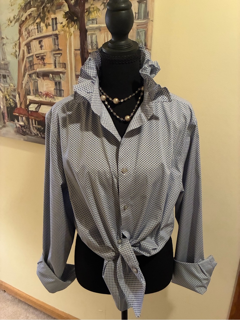 Calvin Klein Light Blue Micro-Print Tie-Front Button Down Shirt